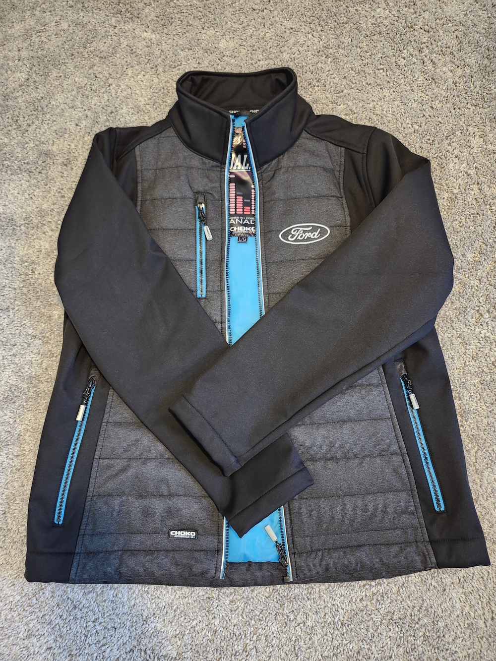 Ford Black Jacket Sweater with Blue Accents Waterproof Layered Thick Warm Quilt